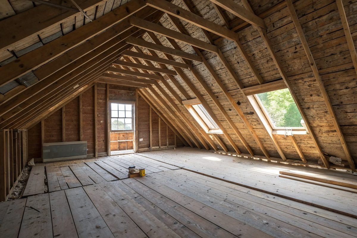 An open attic with old rafters, plank roof boards, skylights and a gable window
