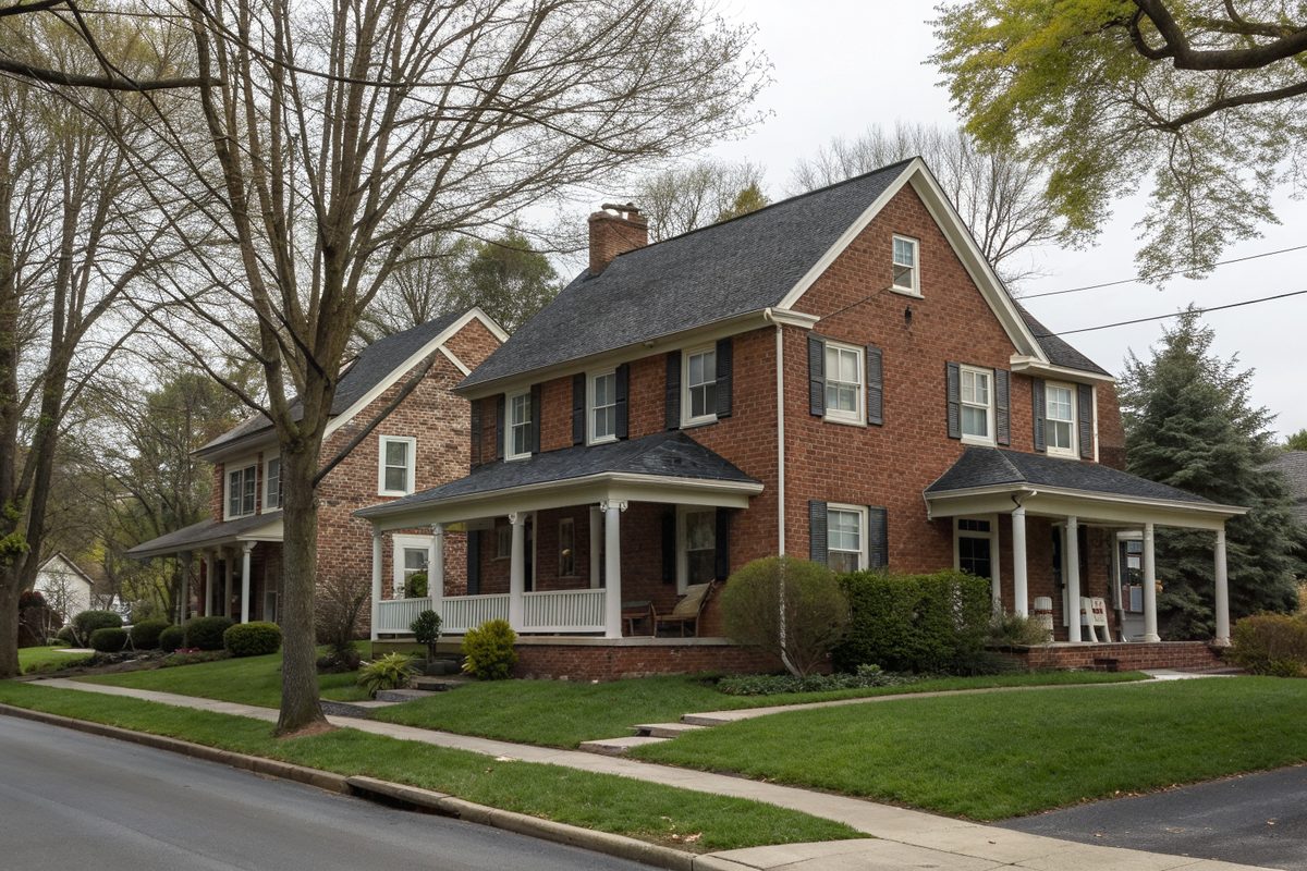 Two-story red-brick colonial homes with front porches and gray shingle roofs on a tree-lined street