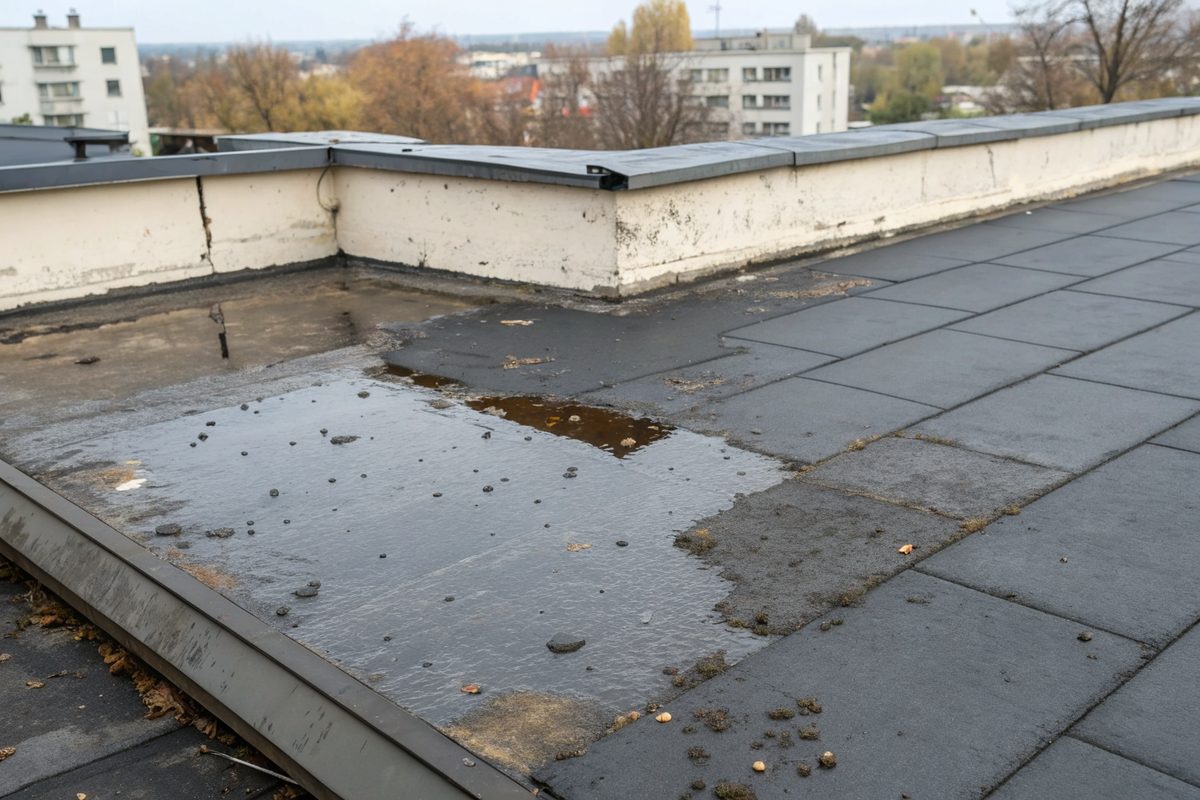 Standing water and patched seams on a worn flat roof behind a parapet wall
