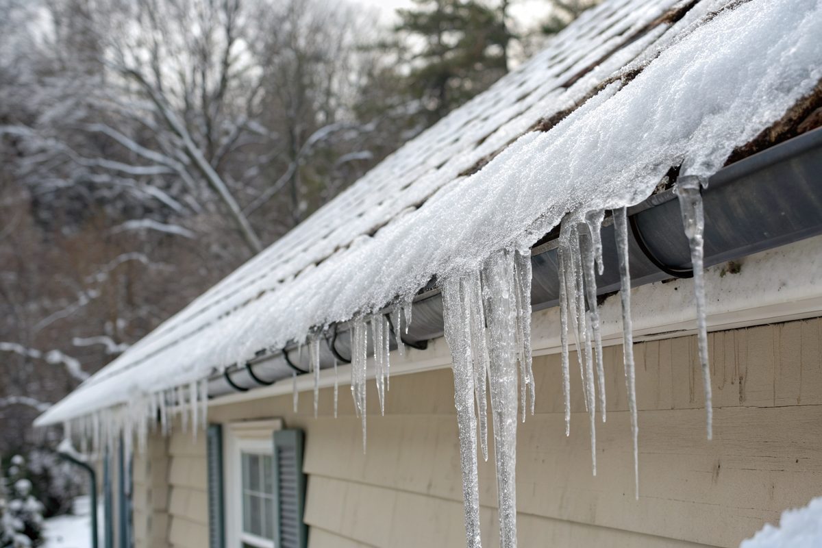 Ice built up along a snowy roof edge with long icicles hanging over the gutter