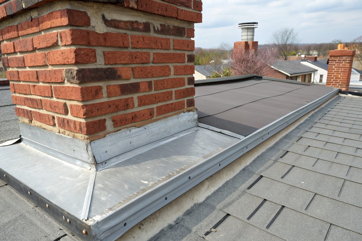 Metal flashing where a low roof meets a brick party wall and chimney