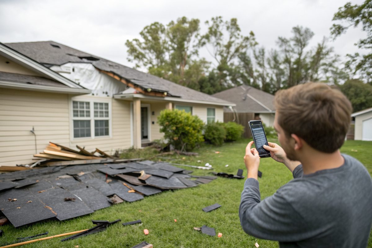 A man photographing torn shingles in a front yard with his phone after a windstorm