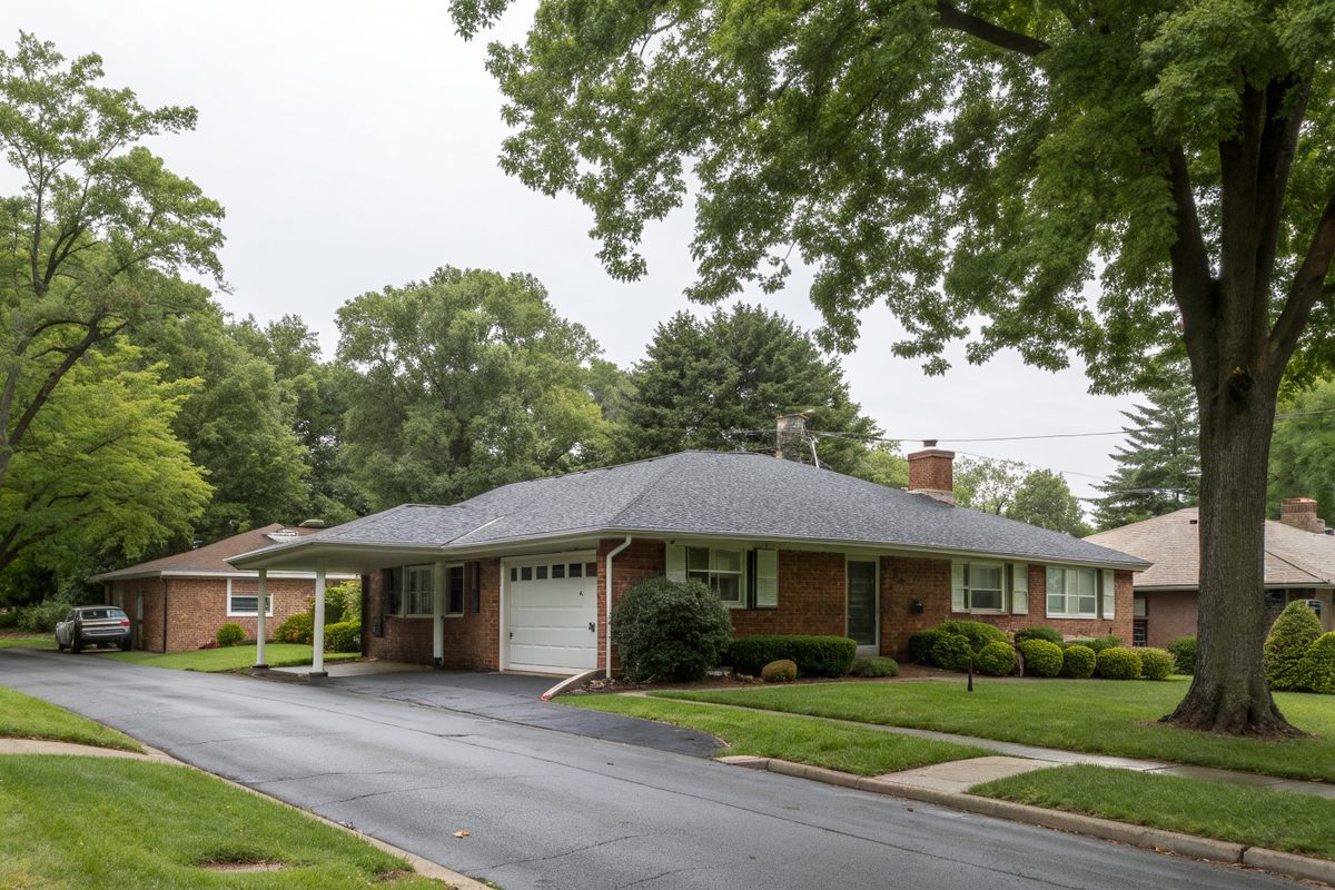 A brick ranch house with a low gray shingle roof and a driveway under big trees