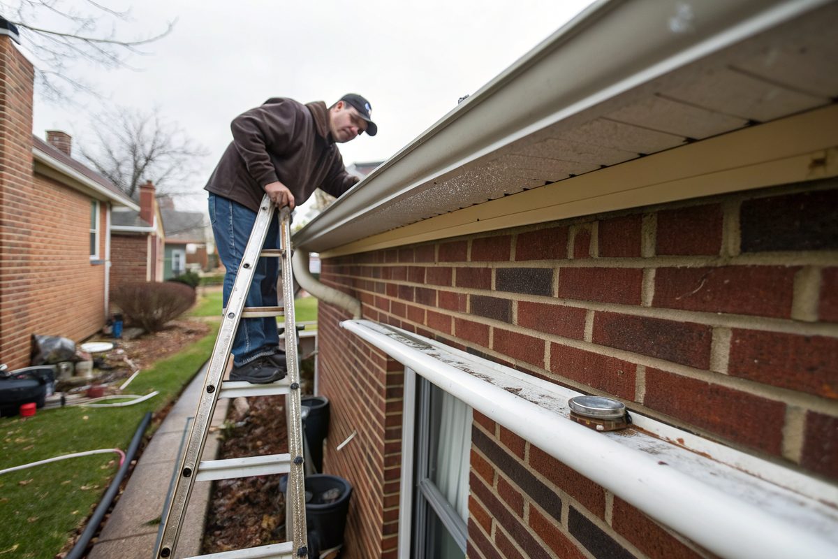A man on a ladder checking the gutter on the back of a brick rowhouse