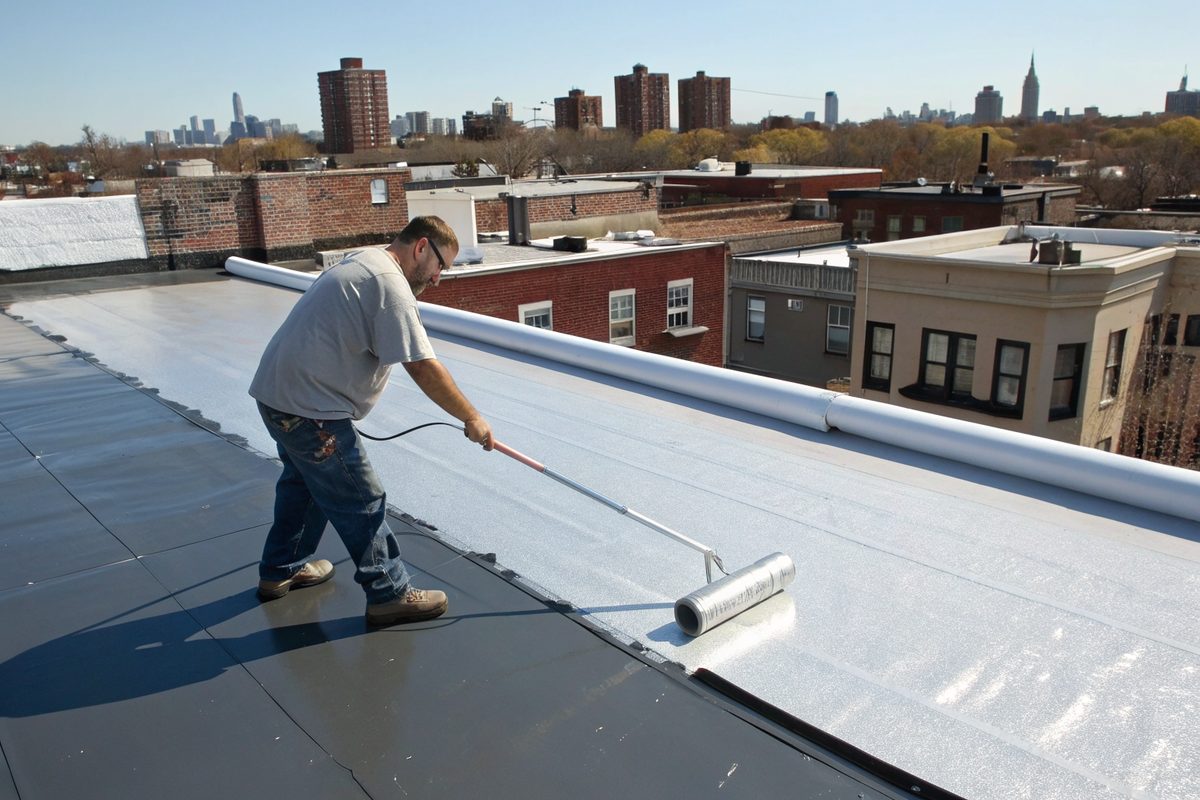 A roofer rolling a silver coating onto a flat roof with a city skyline behind