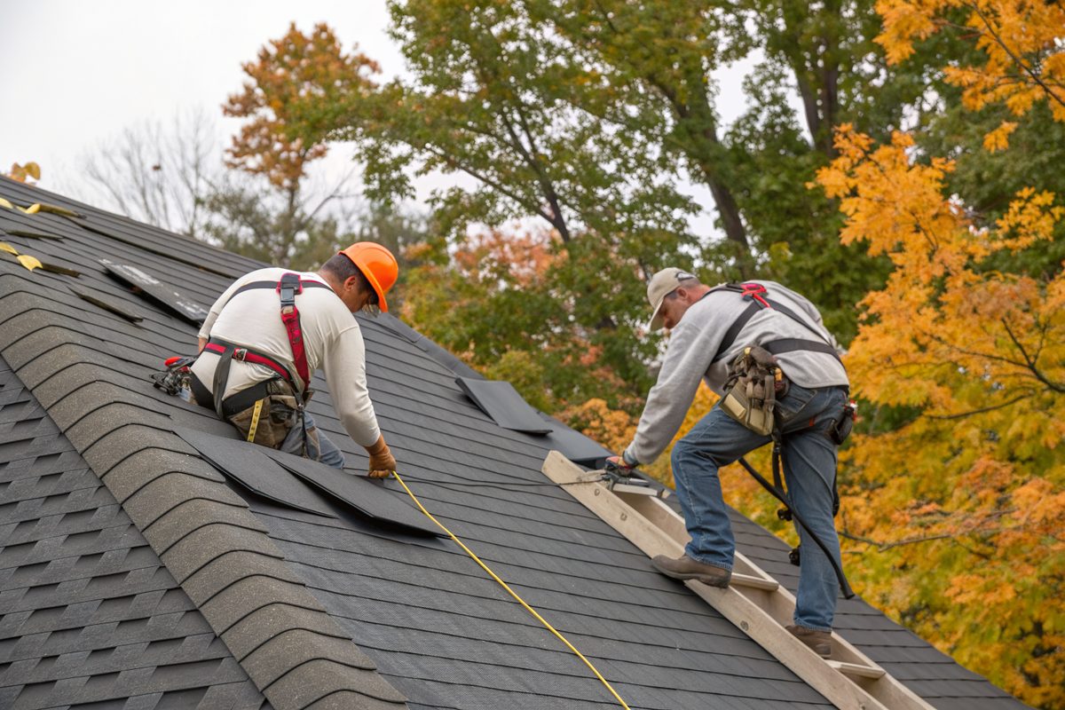 Two roofers in harnesses laying new charcoal shingles on a steep roof beside autumn trees