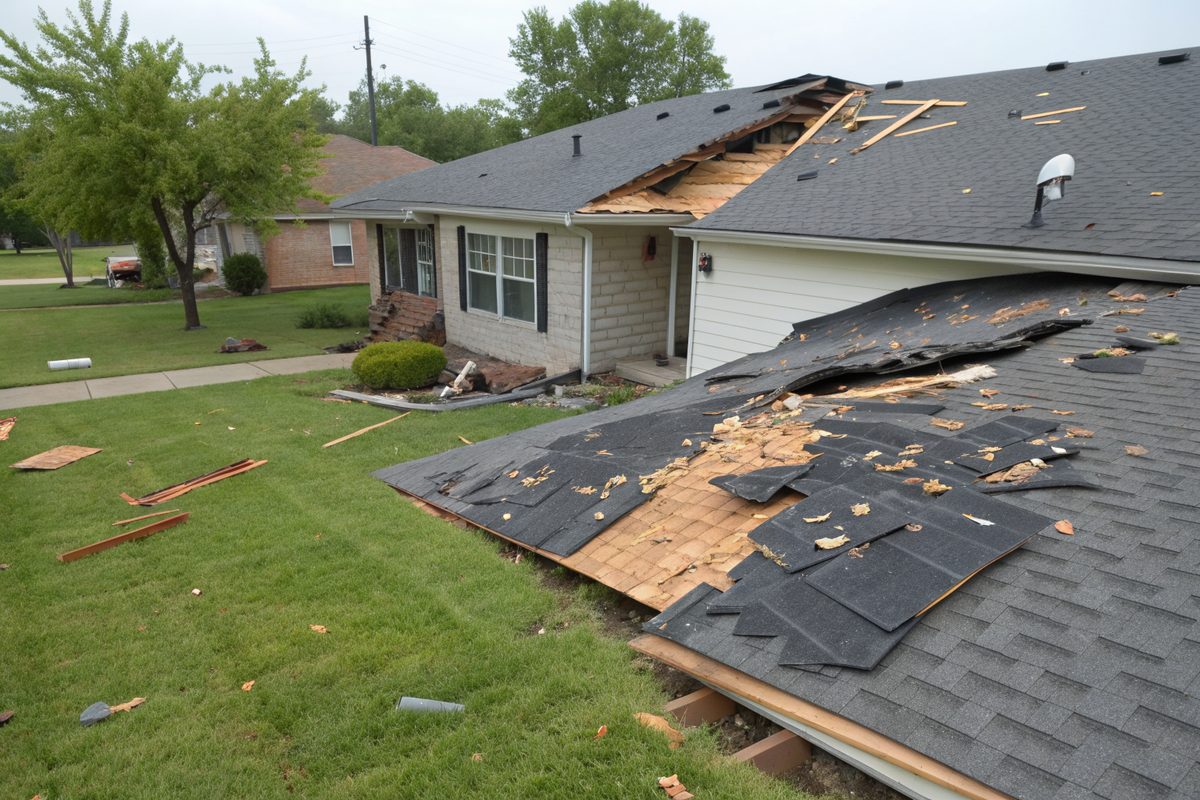 A shingle roof with a section torn away to the decking and debris on the lawn