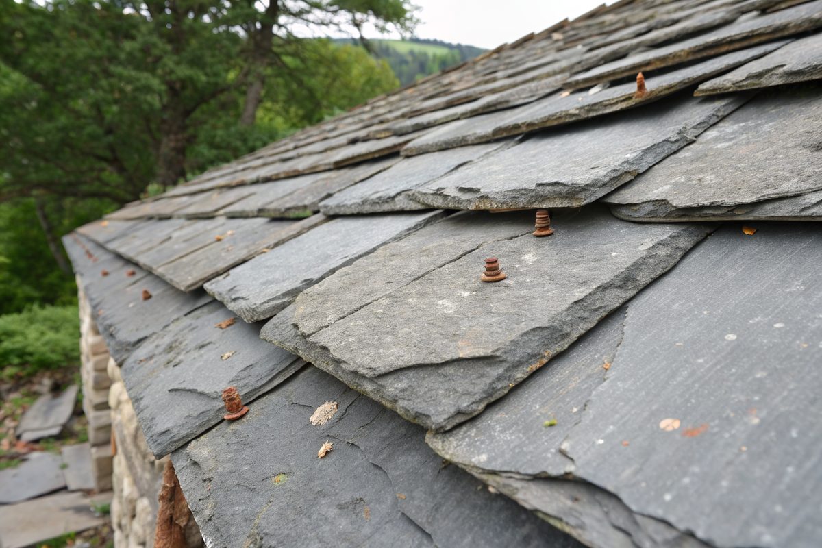Close view of old gray slate roof tiles, some cracked and slipped, on a stone house