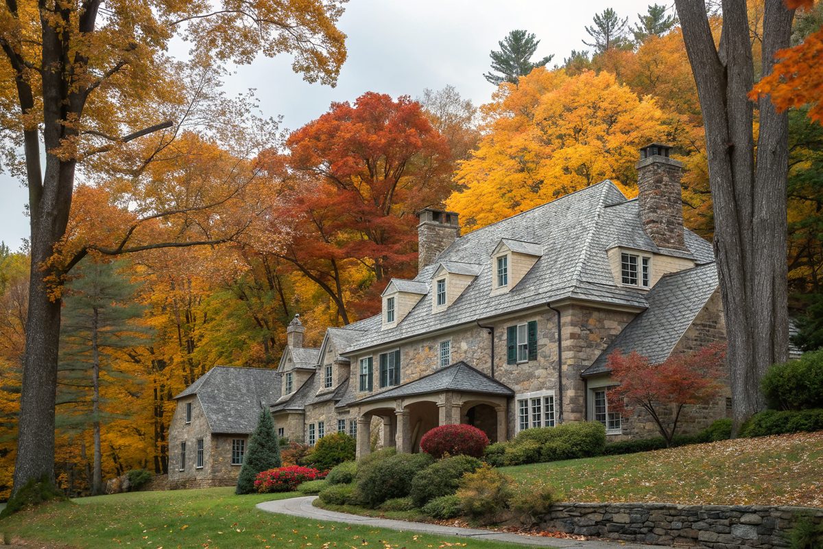 A large stone colonial with a gray slate roof and dormers among autumn trees