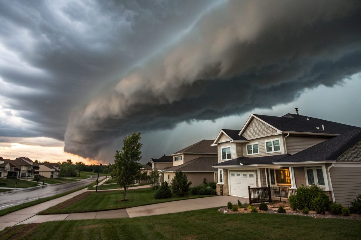 A dark storm front rolling over a street of two-story suburban homes