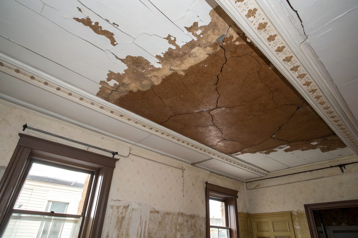 A large brown water stain and peeling paint on a top-floor bedroom ceiling
