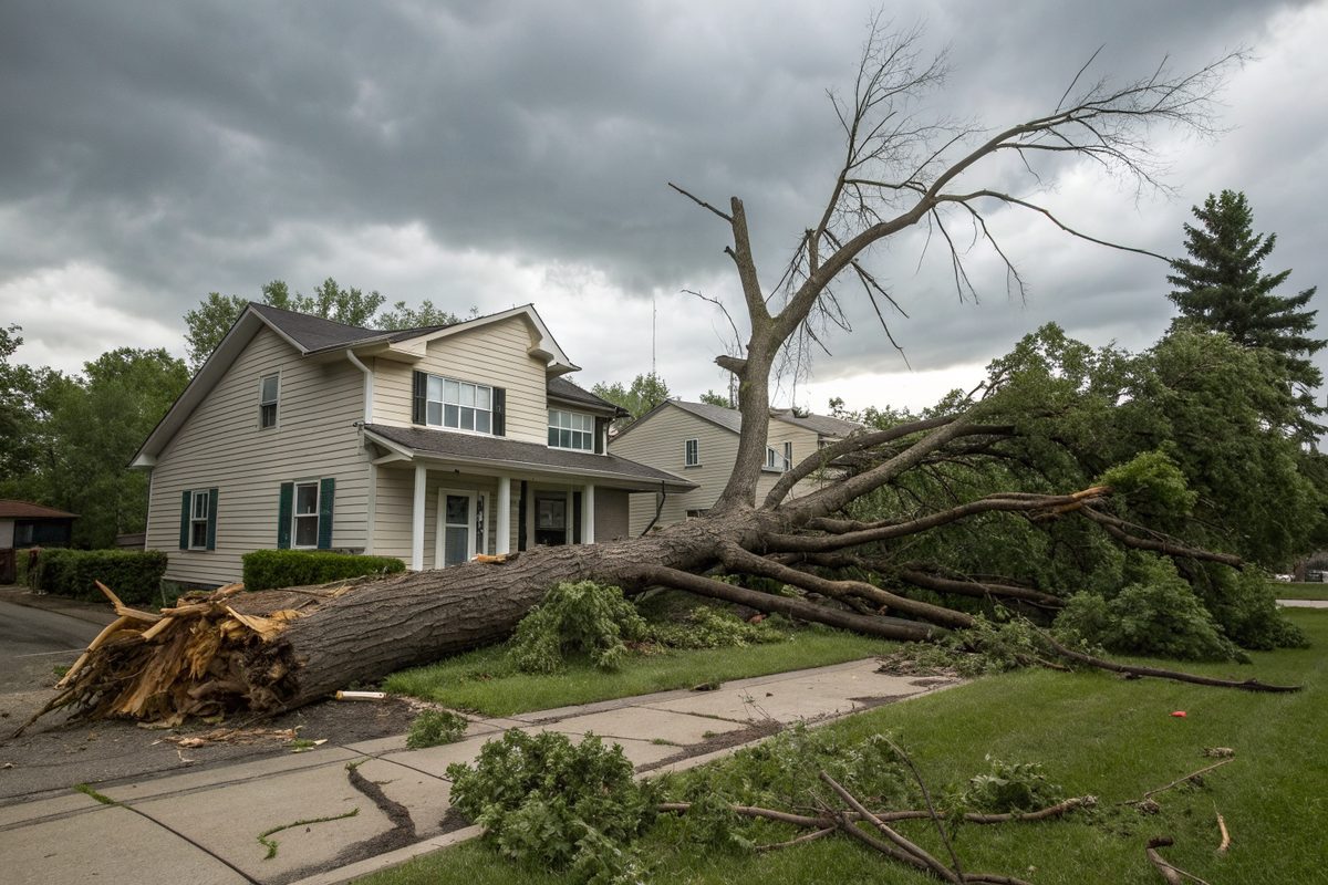 A large uprooted tree lying across a front yard in front of a two-story house after a storm