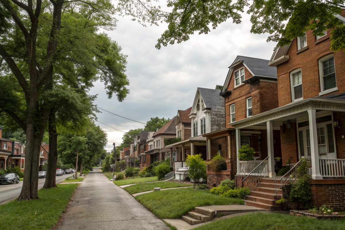 A tree-lined street of brick twin houses with front porches and steep gables