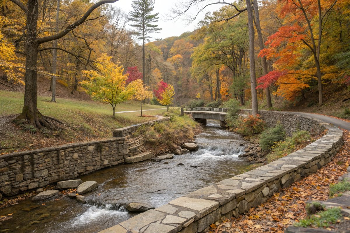 A creek running past stone walls through a wooded park in autumn color